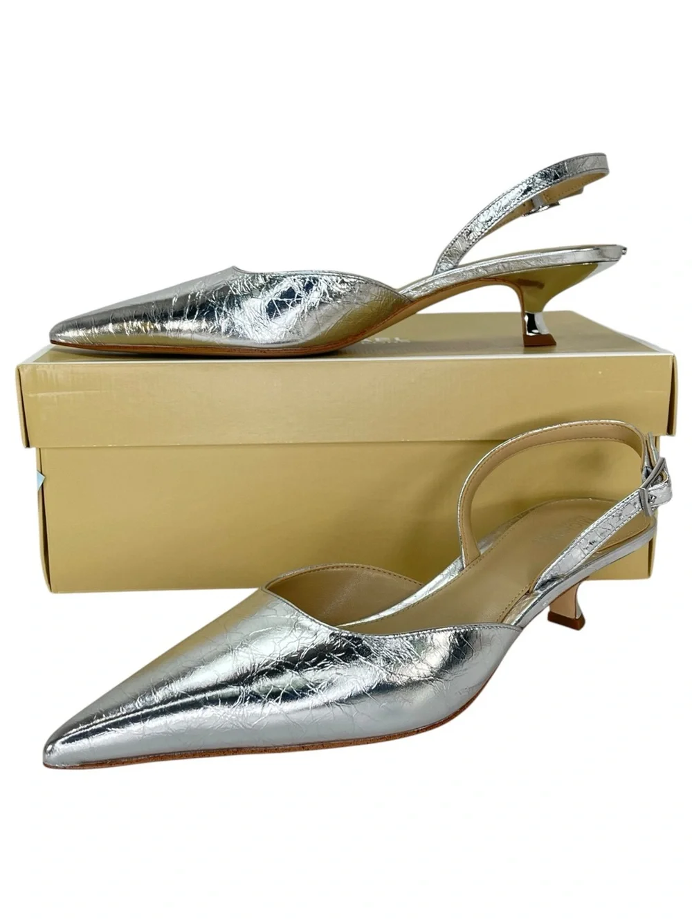 Michael Kors Luna Silver Leather Slingback Womens Kitten Heels Size 7.5M